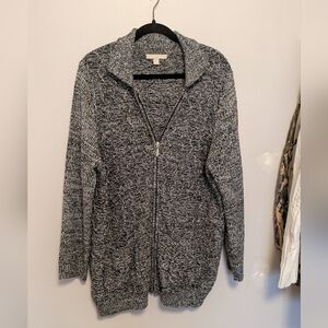 Woman Within Black And White Cable Knit Full Zip Cardigan